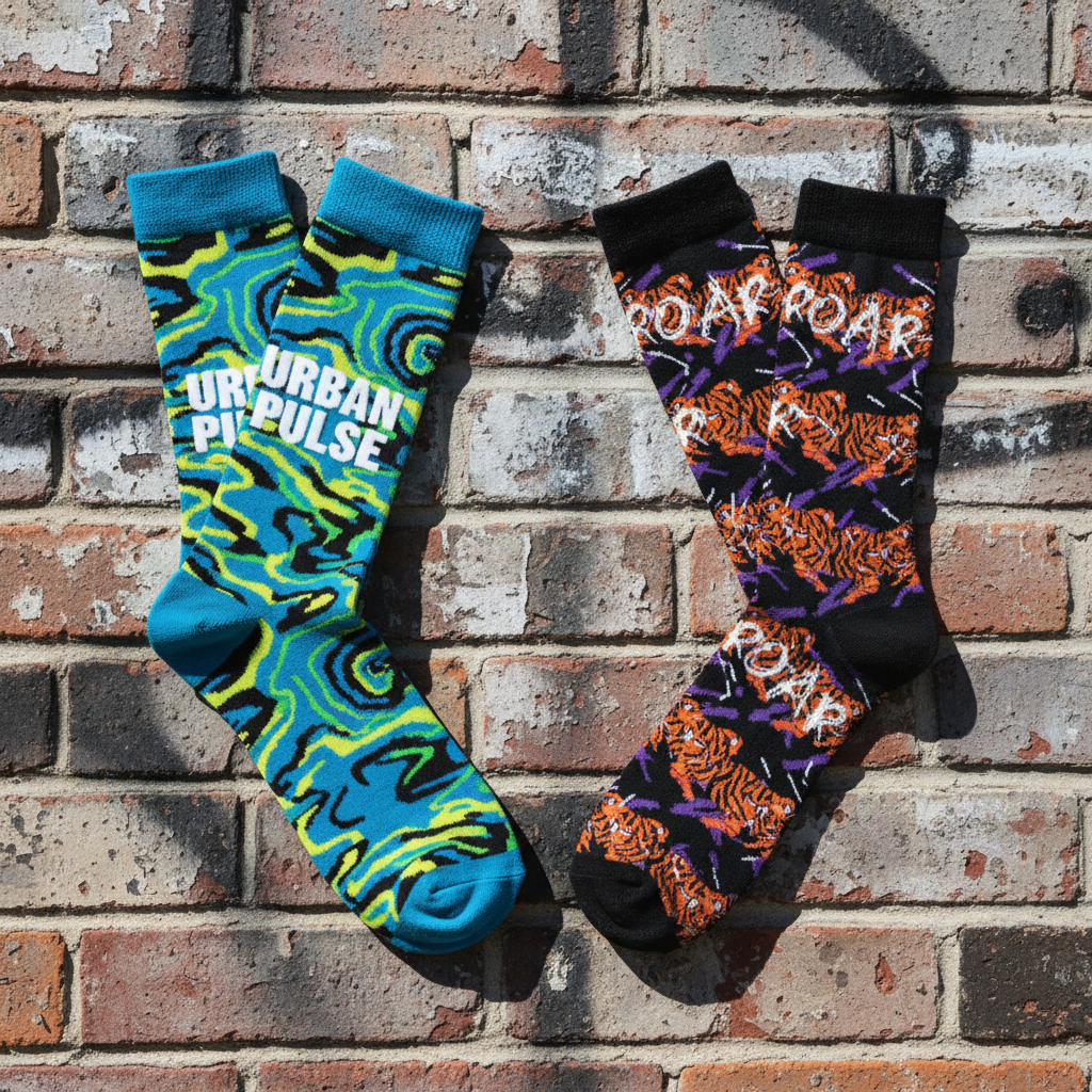 Two pairs of HW Street Crew Socks displayed on brick wall