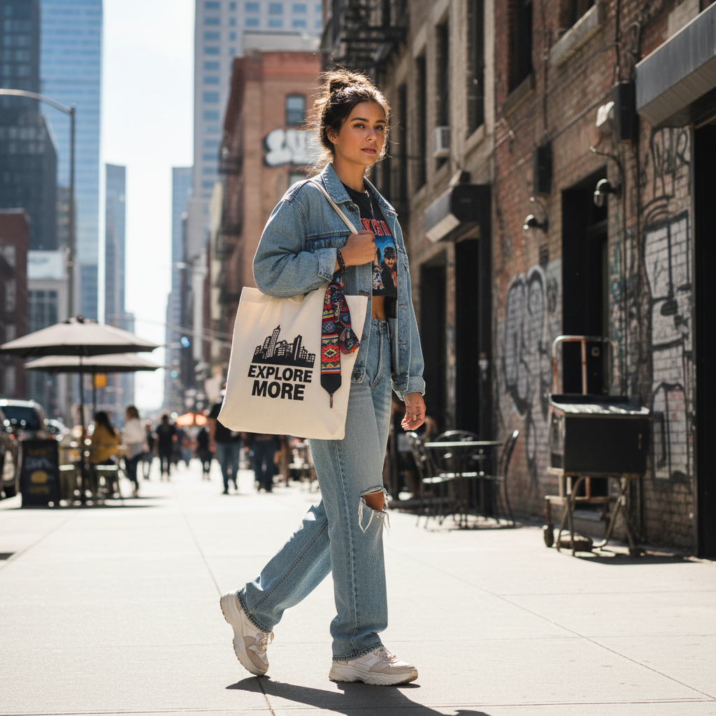 Model carrying HW Street Tote Bag on city sidewalk