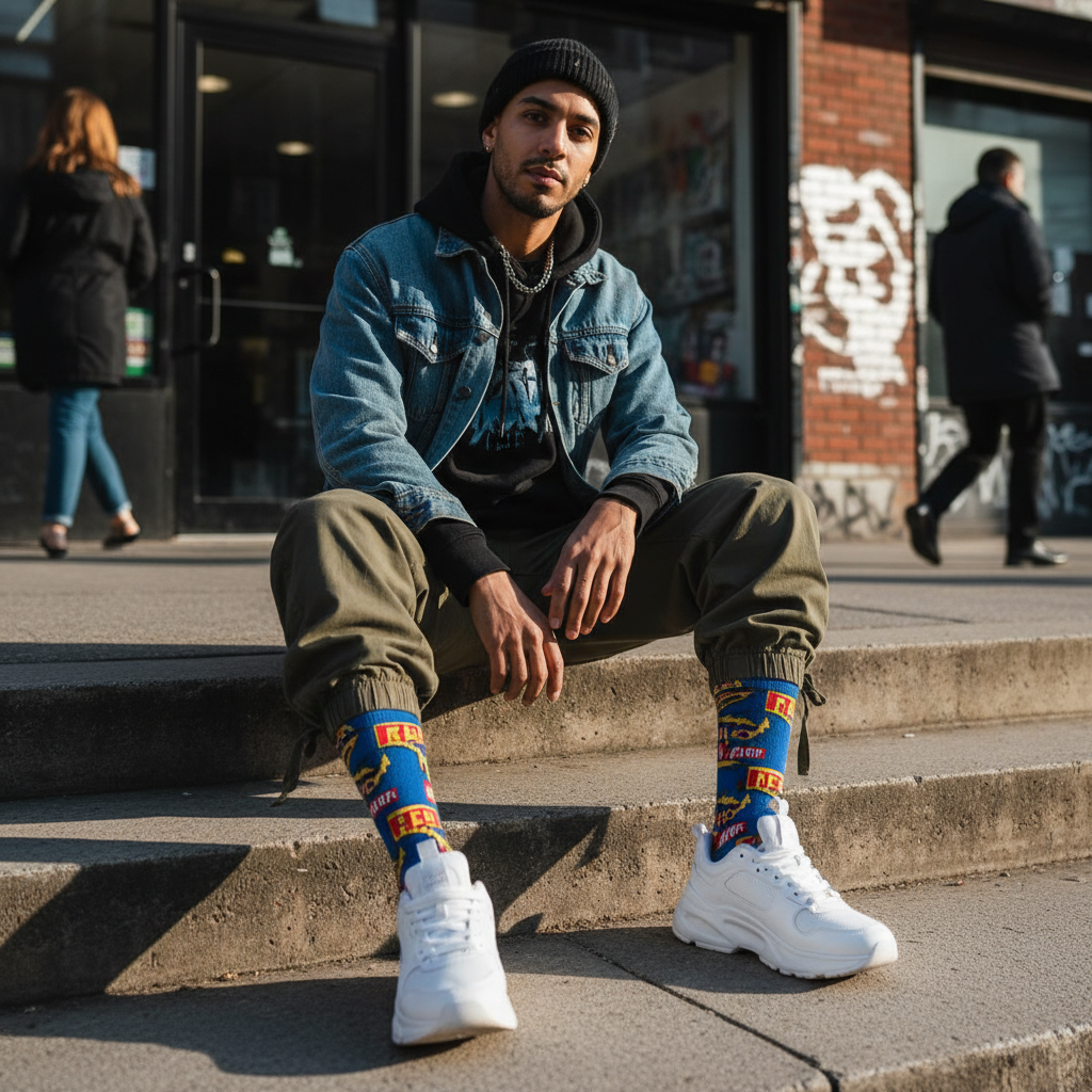 Model wearing HW Street Crew Socks on city steps