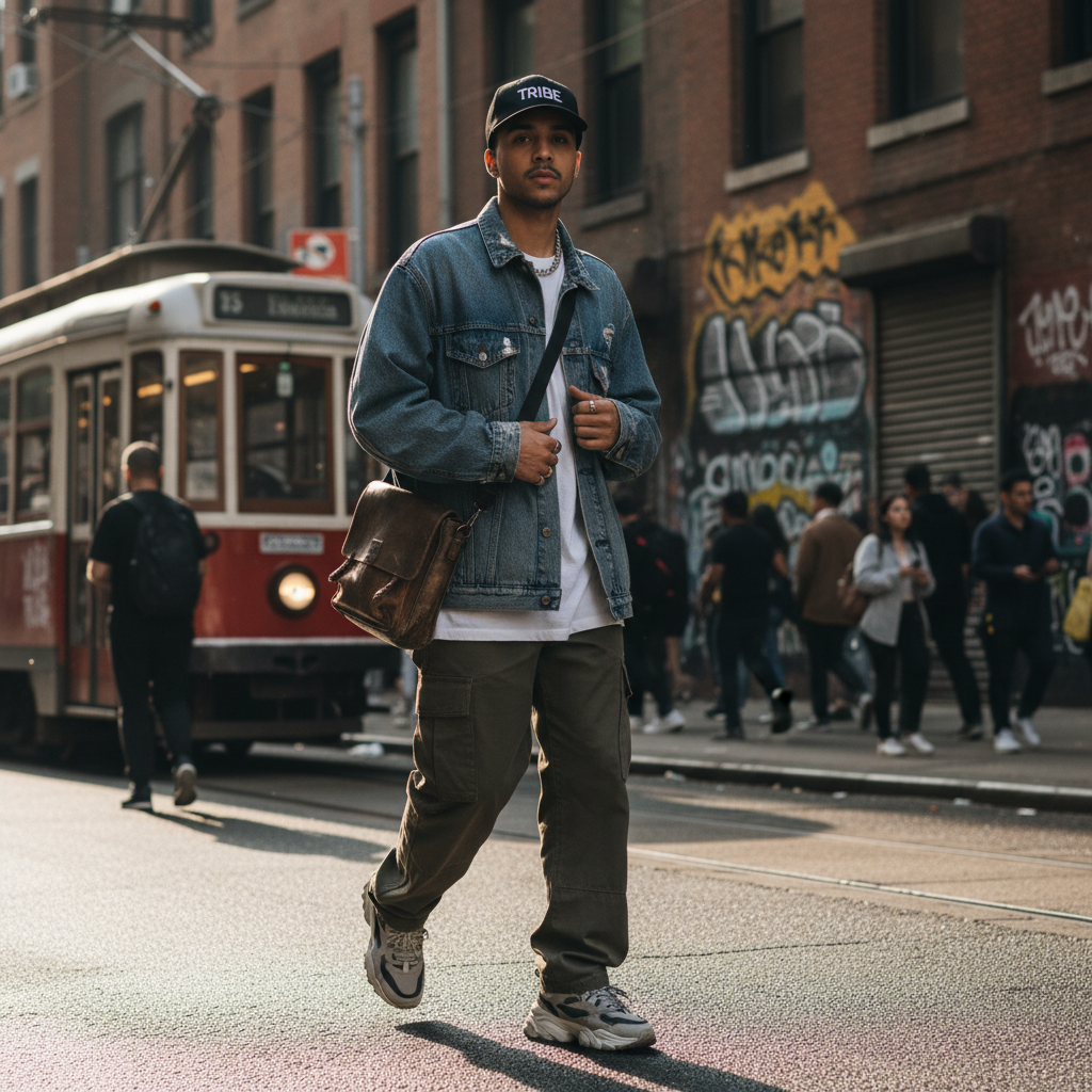 Model wearing HW Street Snapback Cap on city street