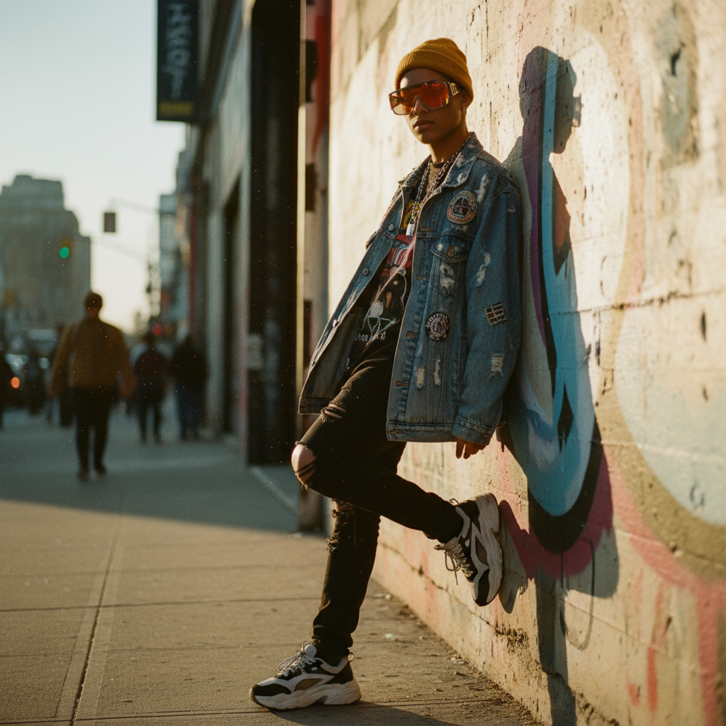 Model wearing HW Street Sunglasses against graffiti wall