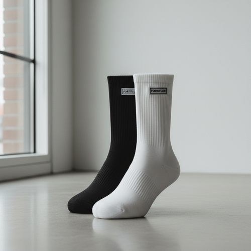 Premium crew socks in black and white, luxury streetwear editorial style
