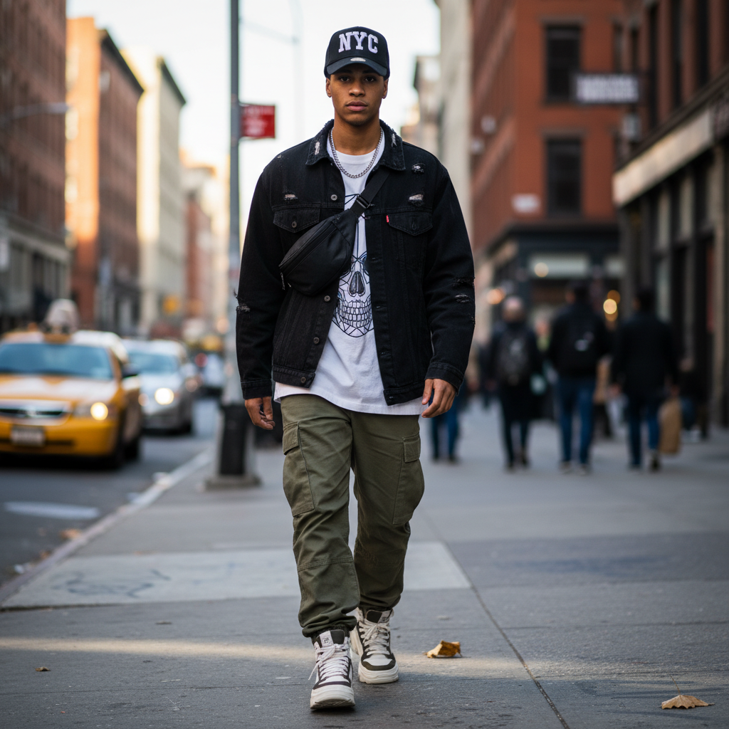 Full street style outfit shot featuring HW Street Snapback Cap