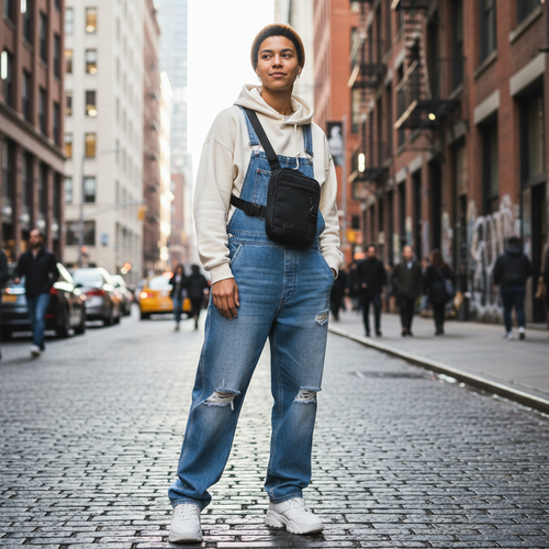 Model wearing HW Street Crossbody Bag on city streets