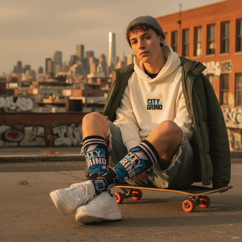 Model on skateboard showing off HW Street Crew Socks