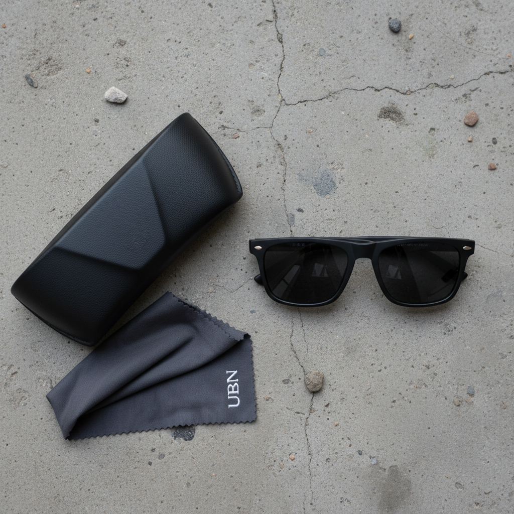 HW Street Sunglasses flat lay with protective case and cleaning cloth