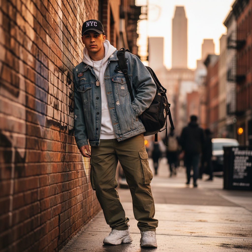 Model wearing HW Street Snapback Cap against brick wall