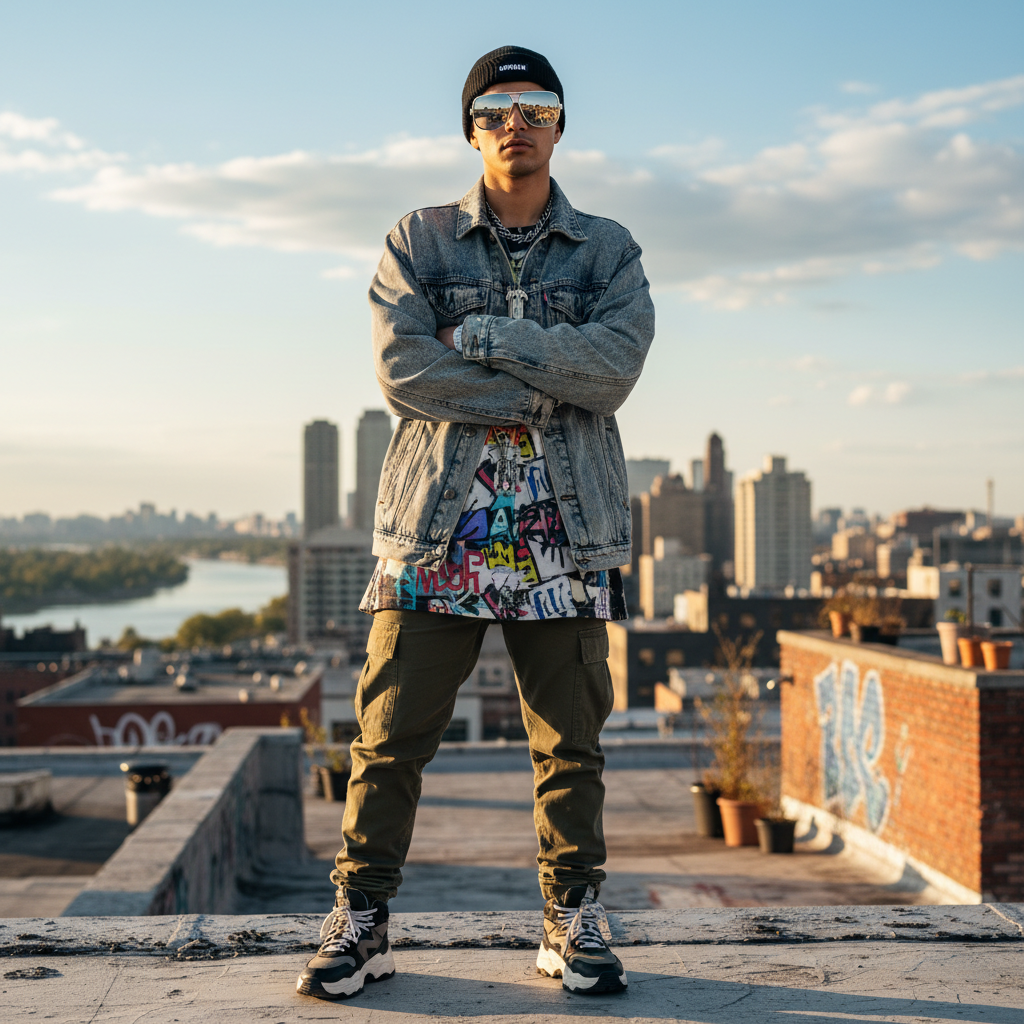 Full outfit street style shot featuring HW Street Sunglasses on city rooftop