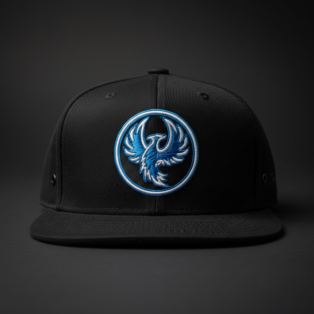 Close-up of HW Street Snapback Cap embroidered logo and flat brim